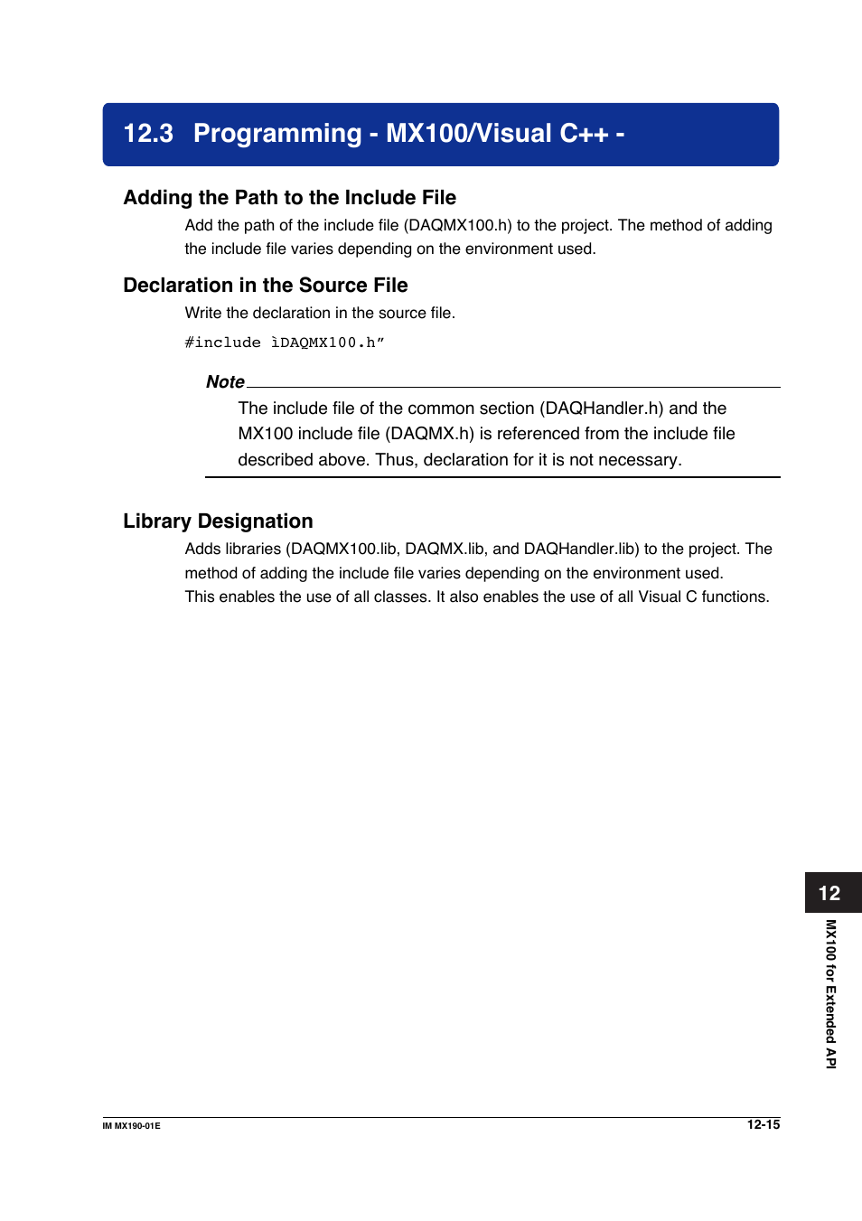 3 programming - mx100/visual c, Programming - mx100/visual c++ -15, Adding the path to the include file | Declaration in the source file, Library designation | Yokogawa PC-Based MX100 User Manual | Page 579 / 1264