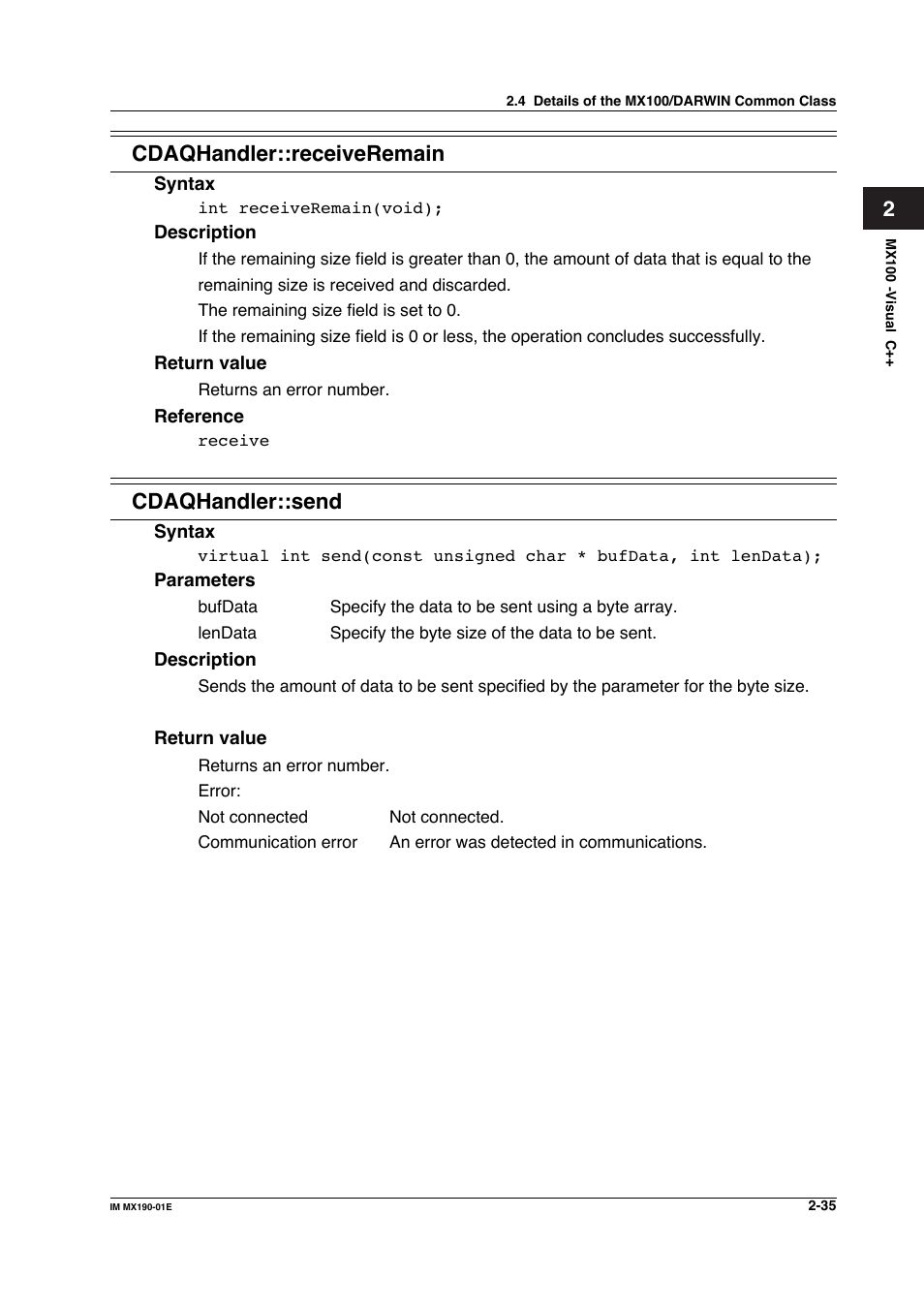 Cdaqhandler::receiveremain, Cdaqhandler::send | Yokogawa PC-Based MX100 User Manual | Page 58 / 1264