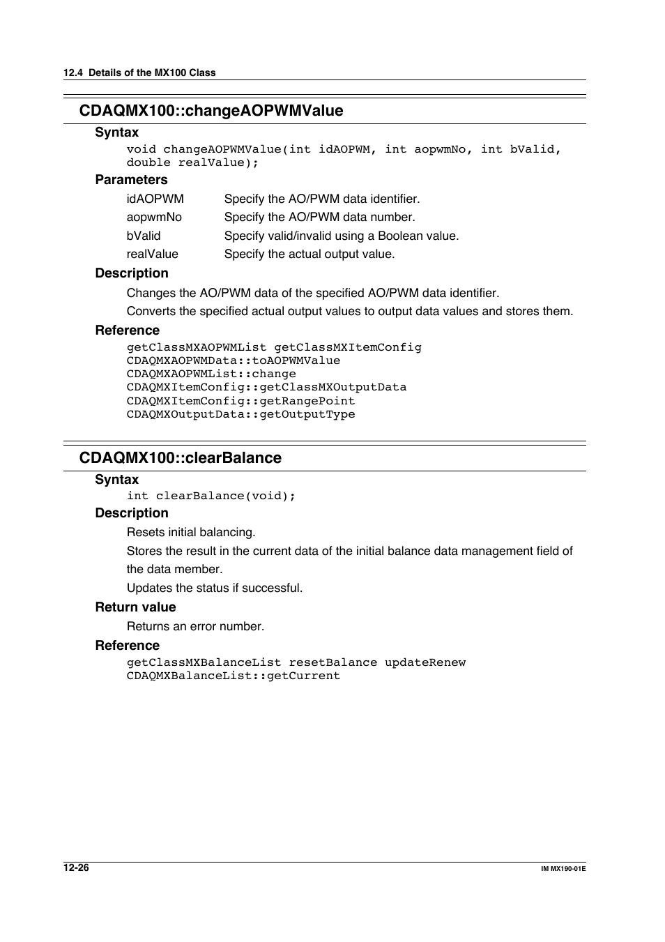 Cdaqmx100::changeaopwmvalue, Cdaqmx100::clearbalance | Yokogawa PC-Based MX100 User Manual | Page 590 / 1264