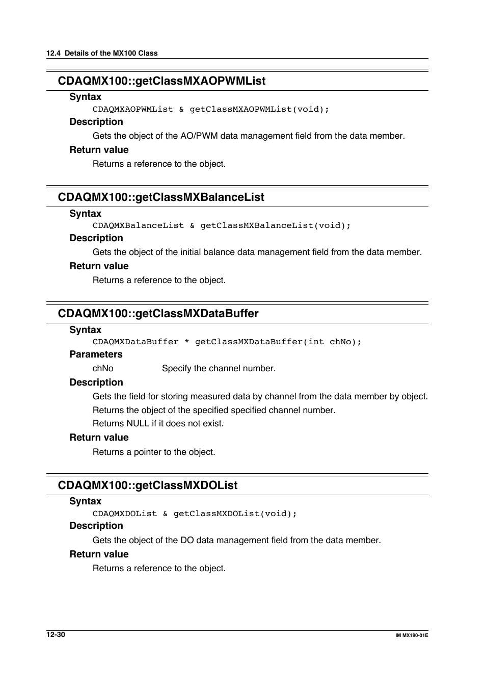 Cdaqmx100::getclassmxaopwmlist, Cdaqmx100::getclassmxbalancelist, Cdaqmx100::getclassmxdatabuffer | Cdaqmx100::getclassmxdolist | Yokogawa PC-Based MX100 User Manual | Page 594 / 1264