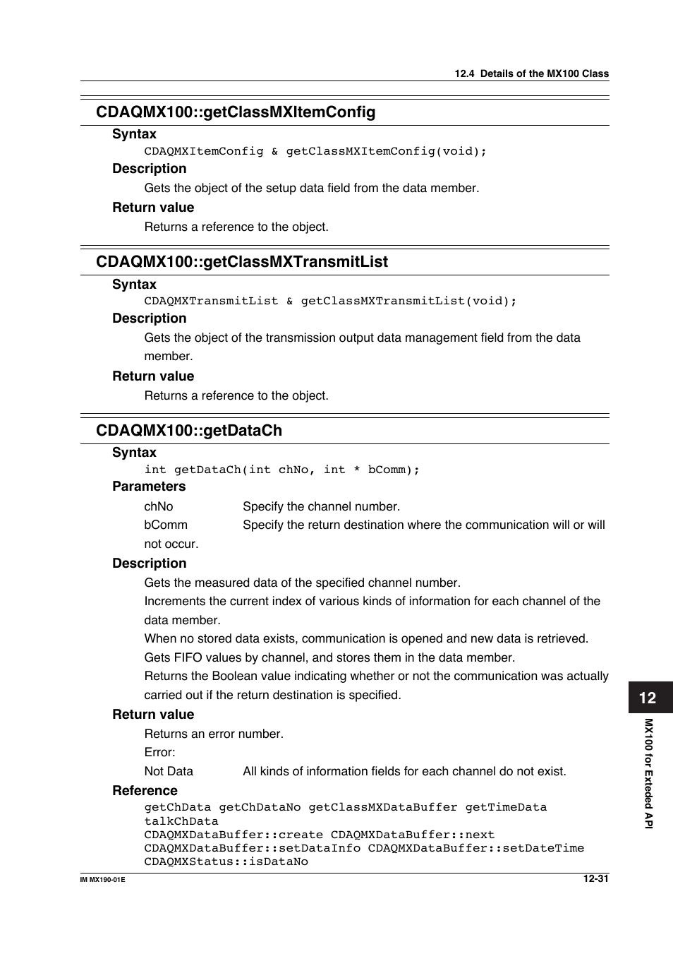 Cdaqmx100::getclassmxtransmitlist, Cdaqmx100::getdatach | Yokogawa PC-Based MX100 User Manual | Page 595 / 1264