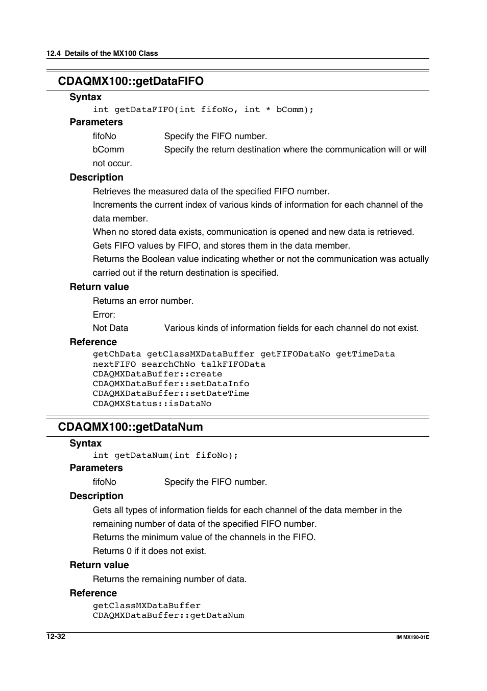 Cdaqmx100::getdatafifo, Cdaqmx100::getdatanum | Yokogawa PC-Based MX100 User Manual | Page 596 / 1264