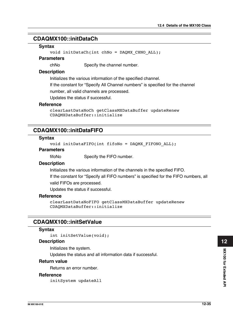 Cdaqmx100::initdatafifo, Cdaqmx100::initsetvalue | Yokogawa PC-Based MX100 User Manual | Page 599 / 1264