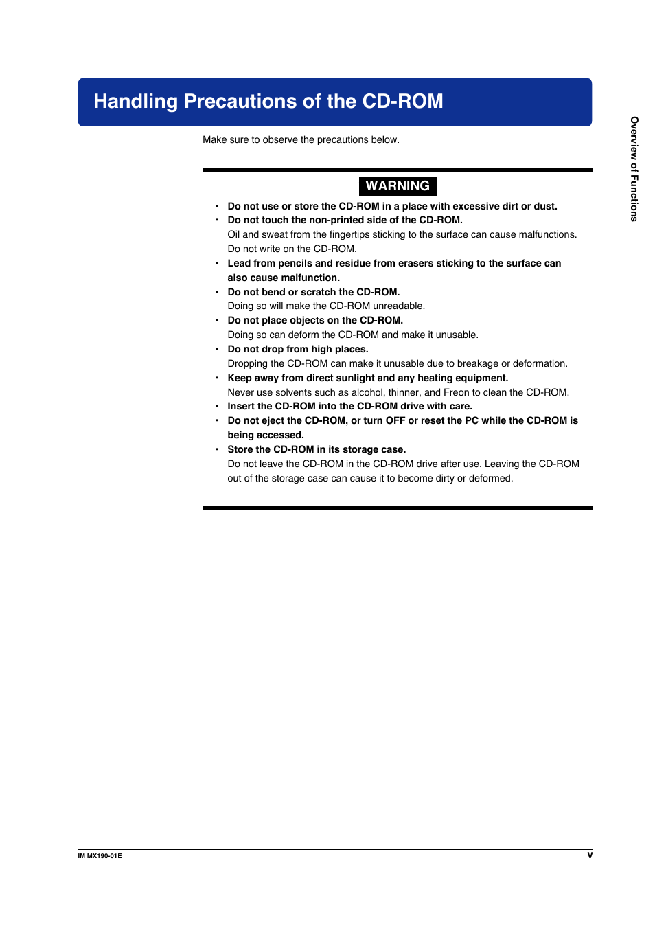 Handling precautions of the cd-rom, Warning | Yokogawa PC-Based MX100 User Manual | Page 6 / 1264