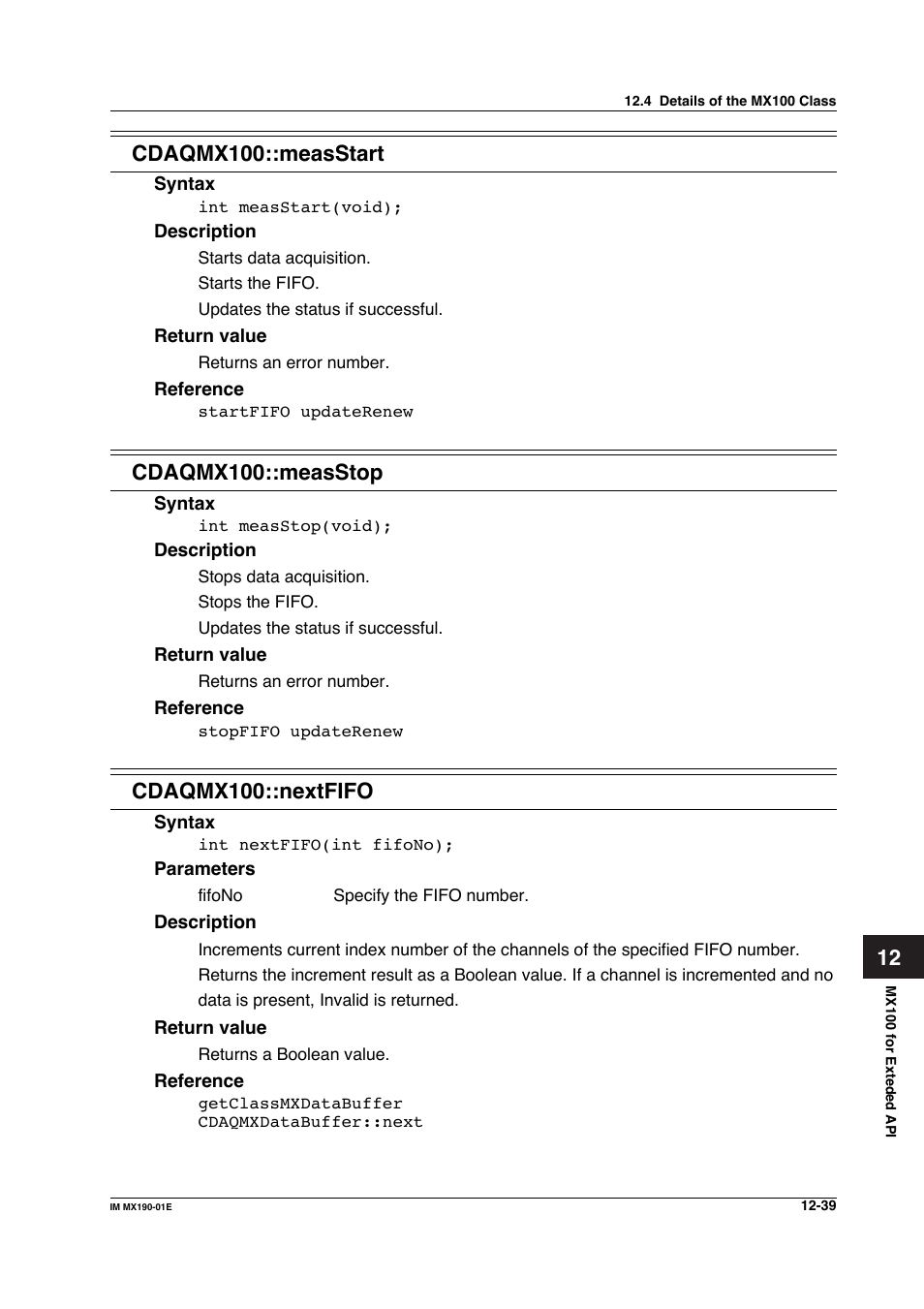 Cdaqmx100::measstop, Cdaqmx100::nextfifo | Yokogawa PC-Based MX100 User Manual | Page 603 / 1264