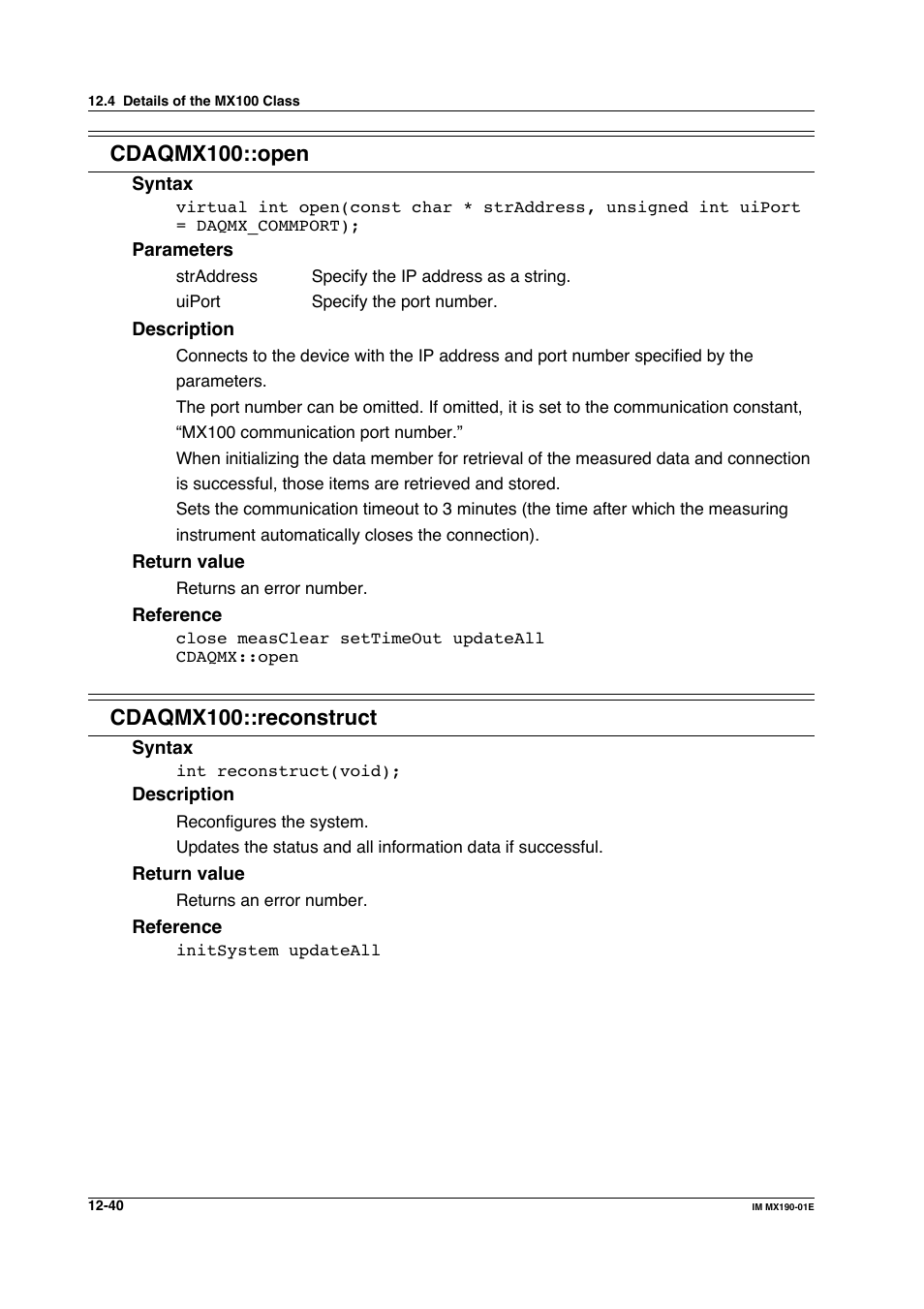 Cdaqmx100::open, Cdaqmx100::reconstruct | Yokogawa PC-Based MX100 User Manual | Page 604 / 1264