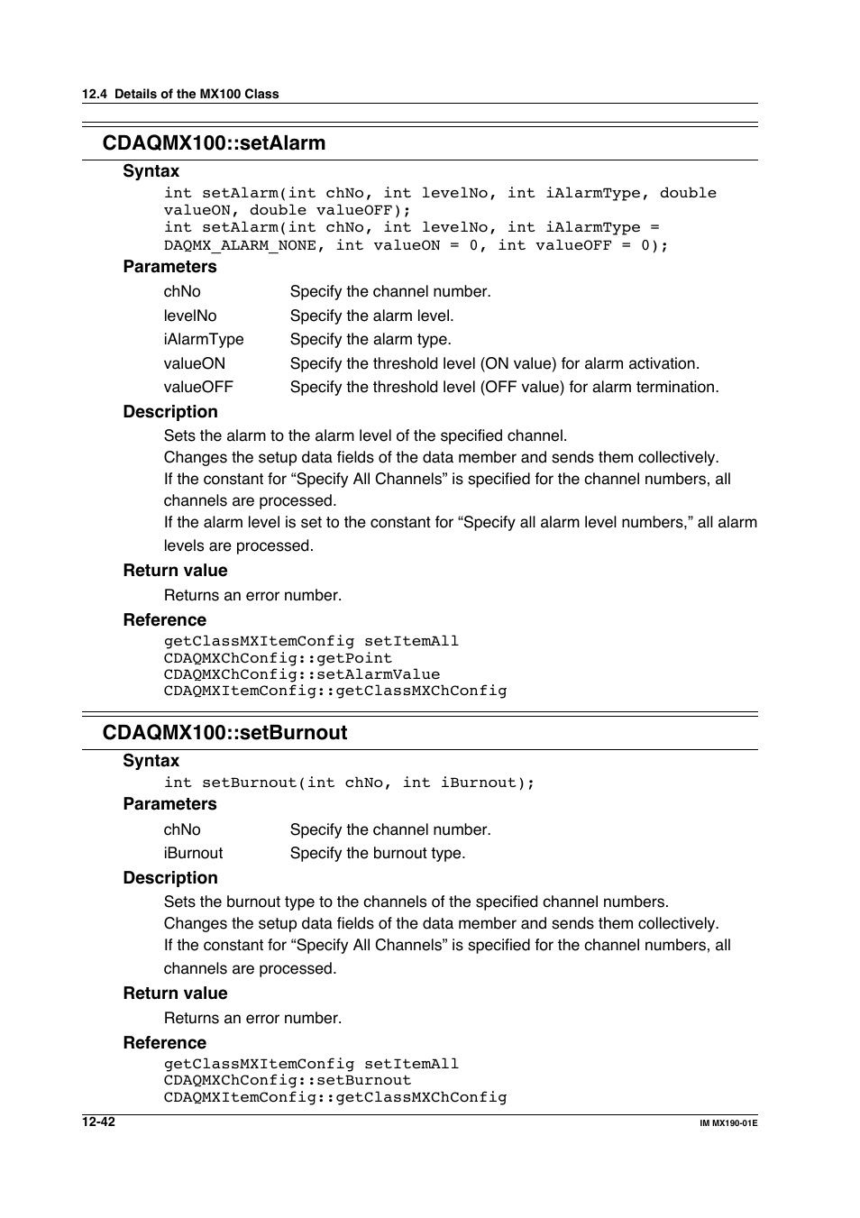 Cdaqmx100::setalarm, Cdaqmx100::setburnout | Yokogawa PC-Based MX100 User Manual | Page 606 / 1264