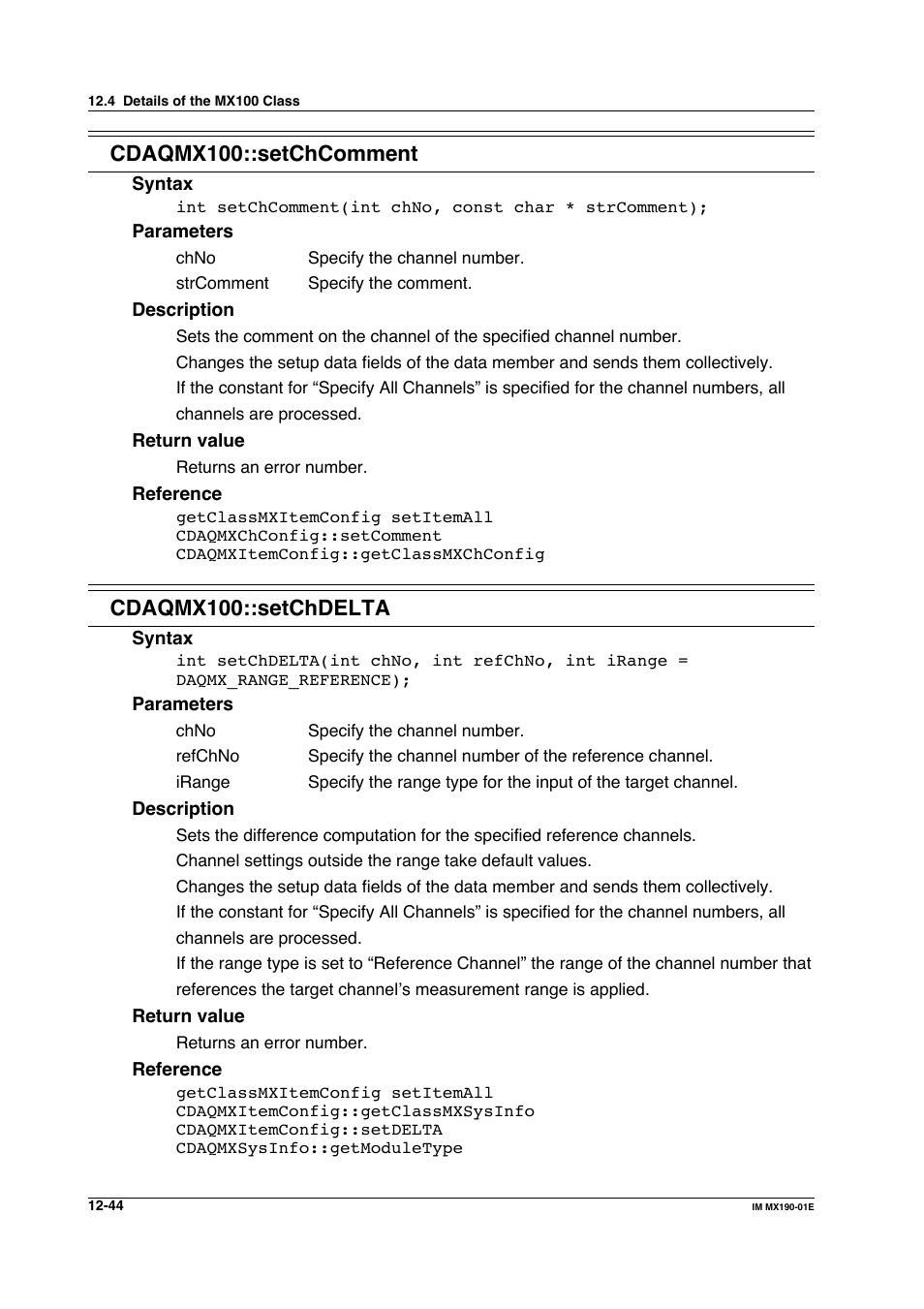 Cdaqmx100::setchcomment, Cdaqmx100::setchdelta | Yokogawa PC-Based MX100 User Manual | Page 608 / 1264