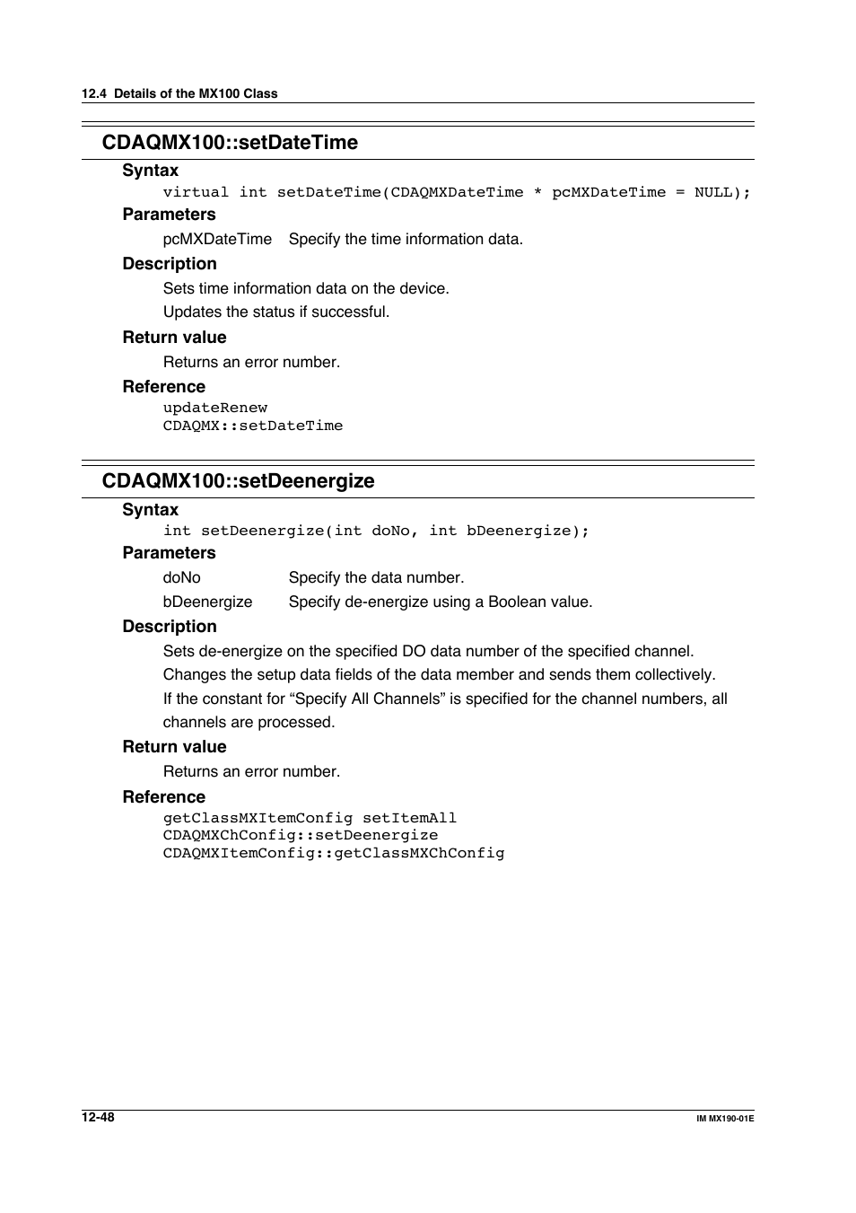 Cdaqmx100::setdatetime, Cdaqmx100::setdeenergize | Yokogawa PC-Based MX100 User Manual | Page 612 / 1264