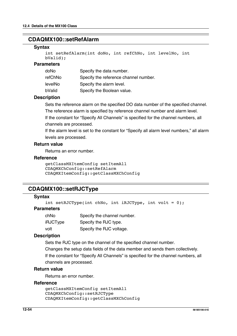 Cdaqmx100::setrefalarm, Cdaqmx100::setrjctype | Yokogawa PC-Based MX100 User Manual | Page 618 / 1264