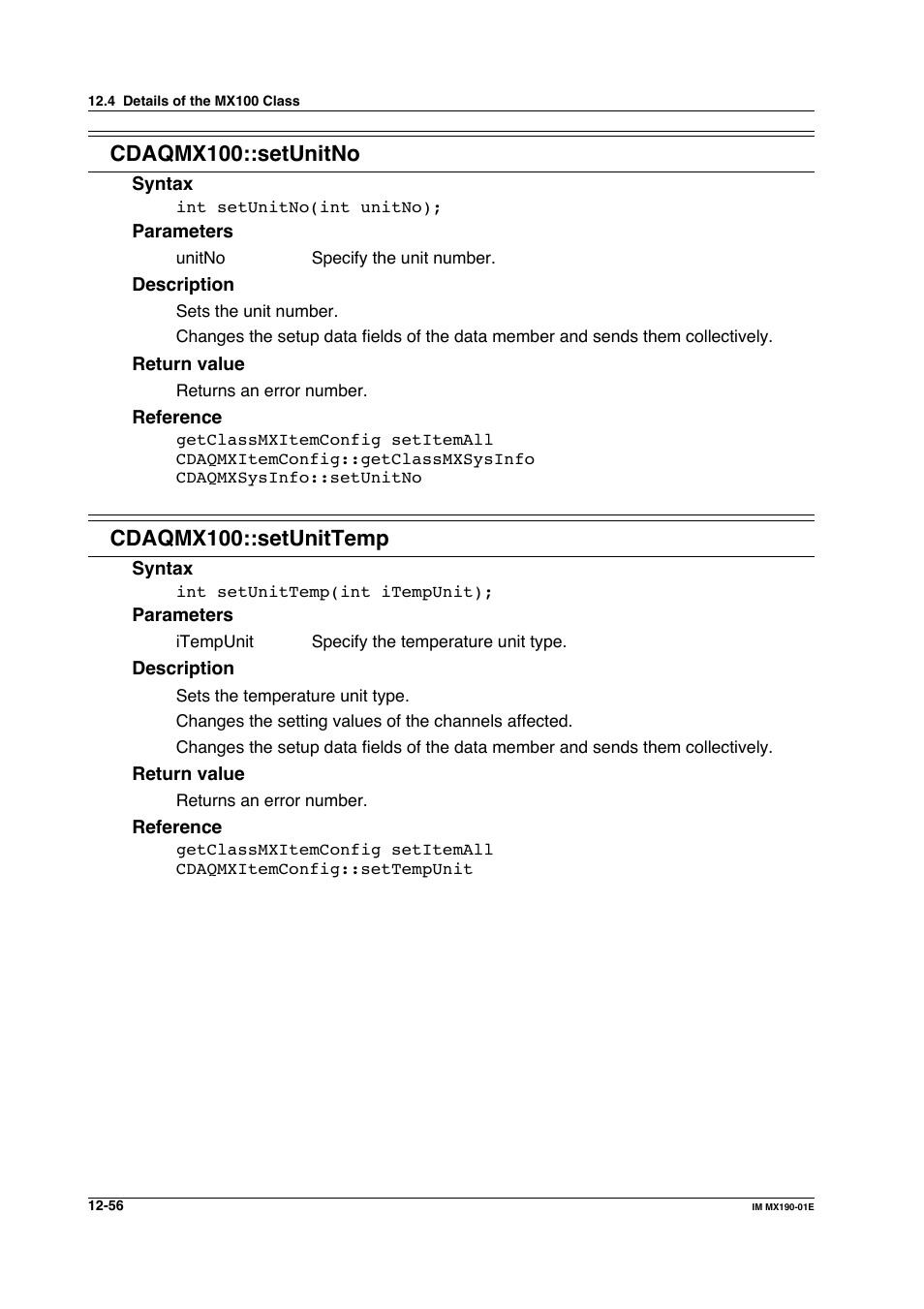 Cdaqmx100::setunitno, Cdaqmx100::setunittemp | Yokogawa PC-Based MX100 User Manual | Page 620 / 1264