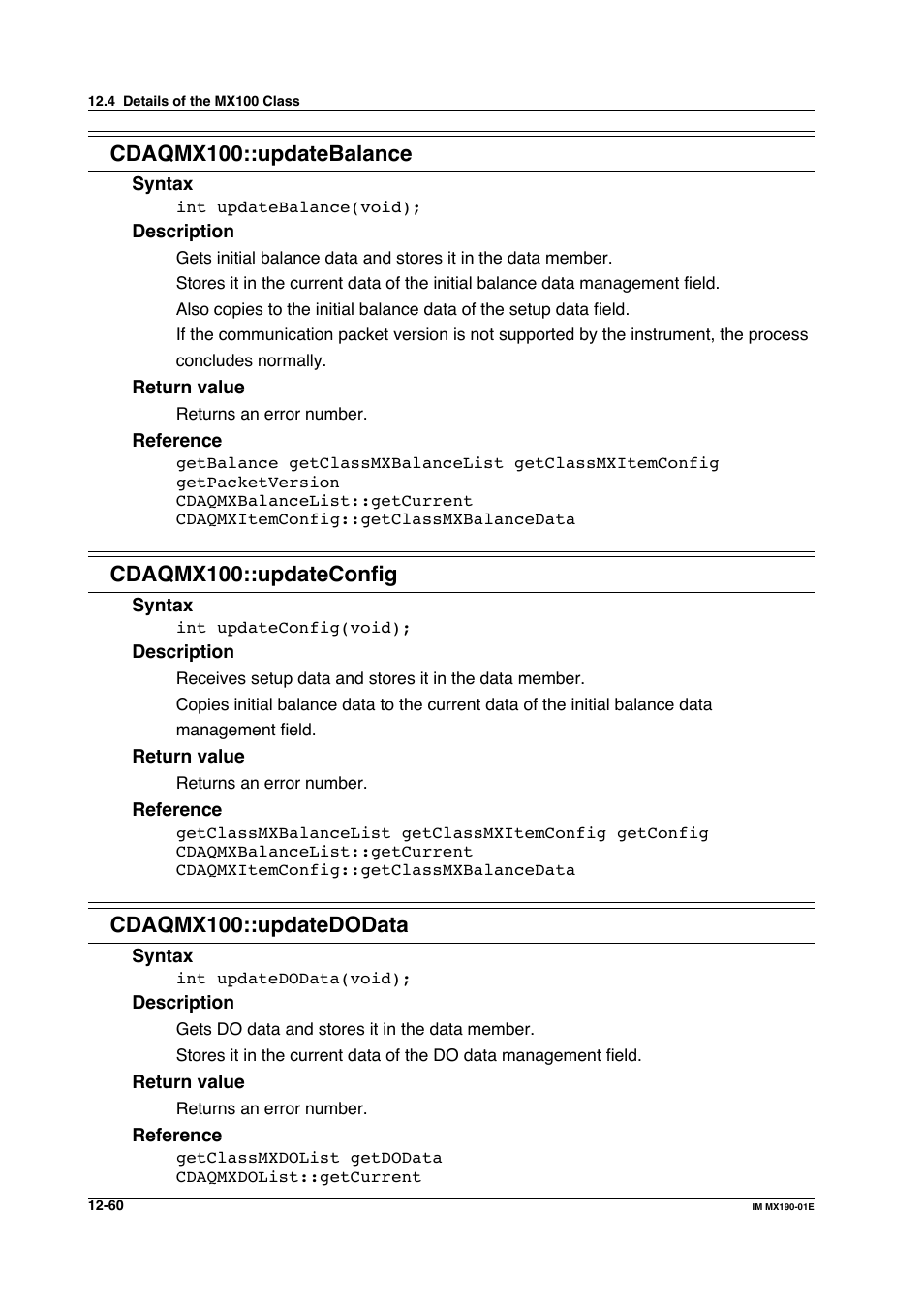 Cdaqmx100::updatebalance, Cdaqmx100::updateconfig, Cdaqmx100::updatedodata | Yokogawa PC-Based MX100 User Manual | Page 624 / 1264