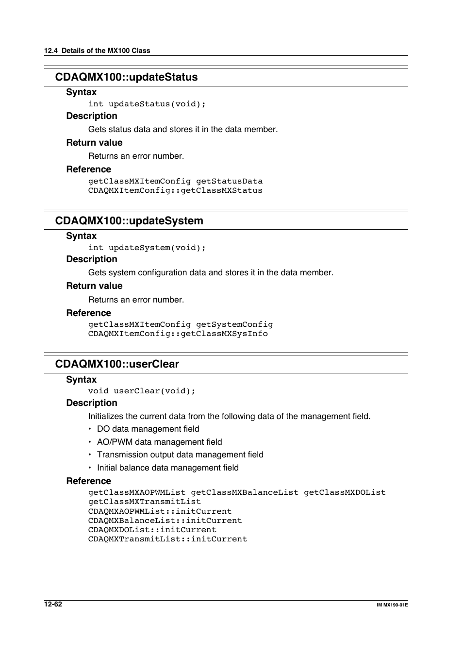 Cdaqmx100::updatestatus, Cdaqmx100::updatesystem, Cdaqmx100::userclear | Yokogawa PC-Based MX100 User Manual | Page 626 / 1264