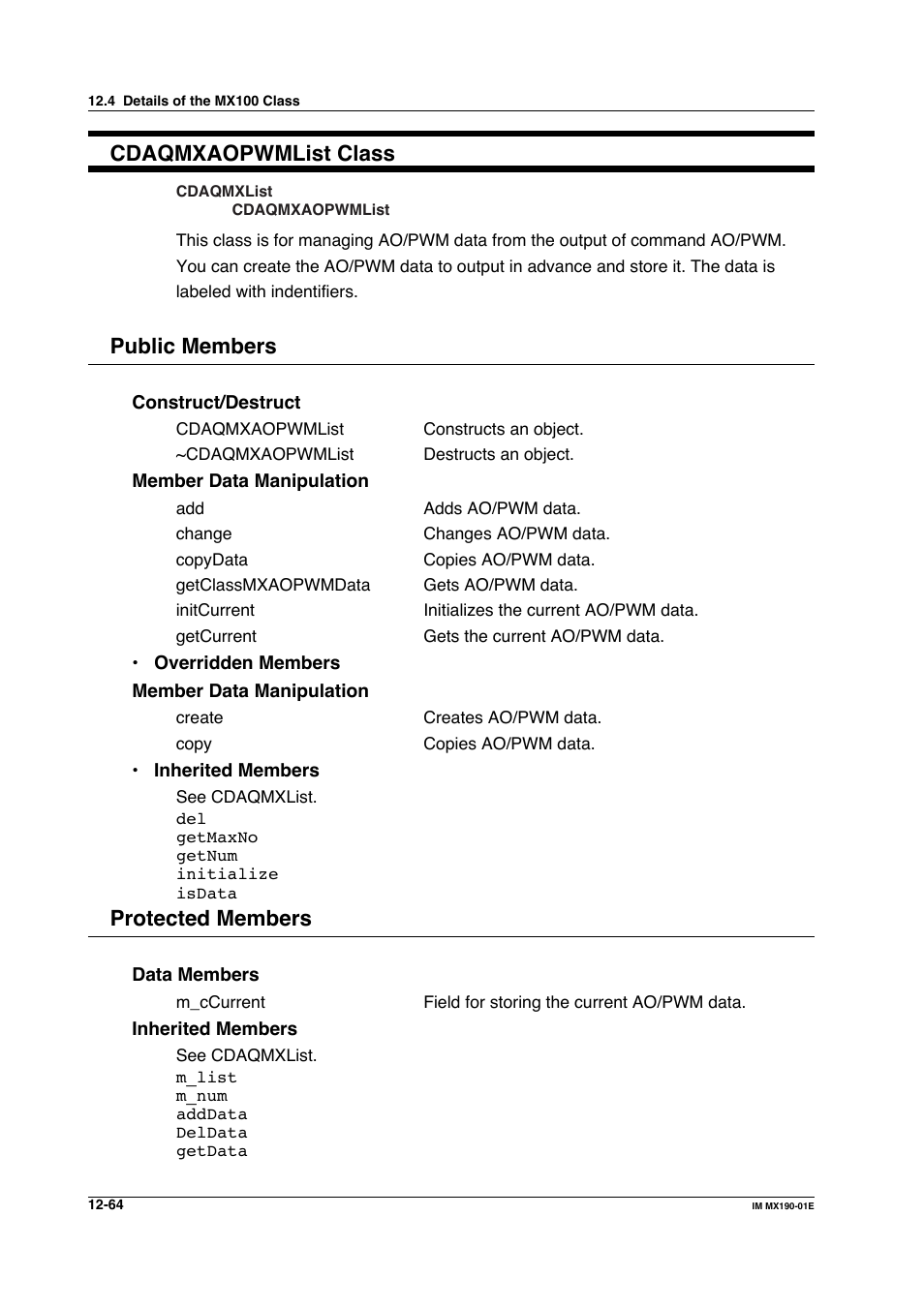 Cdaqmxaopwmlist class, Public members, Protected members | Yokogawa PC-Based MX100 User Manual | Page 628 / 1264