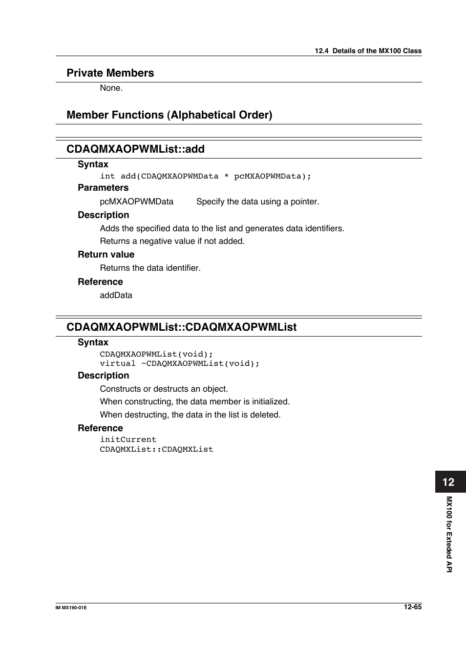 12 private members, Cdaqmxaopwmlist::cdaqmxaopwmlist | Yokogawa PC-Based MX100 User Manual | Page 629 / 1264