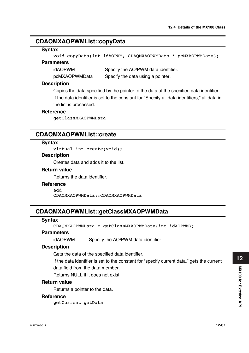 12 cdaqmxaopwmlist::copydata, Cdaqmxaopwmlist::create, Cdaqmxaopwmlist::getclassmxaopwmdata | Yokogawa PC-Based MX100 User Manual | Page 631 / 1264