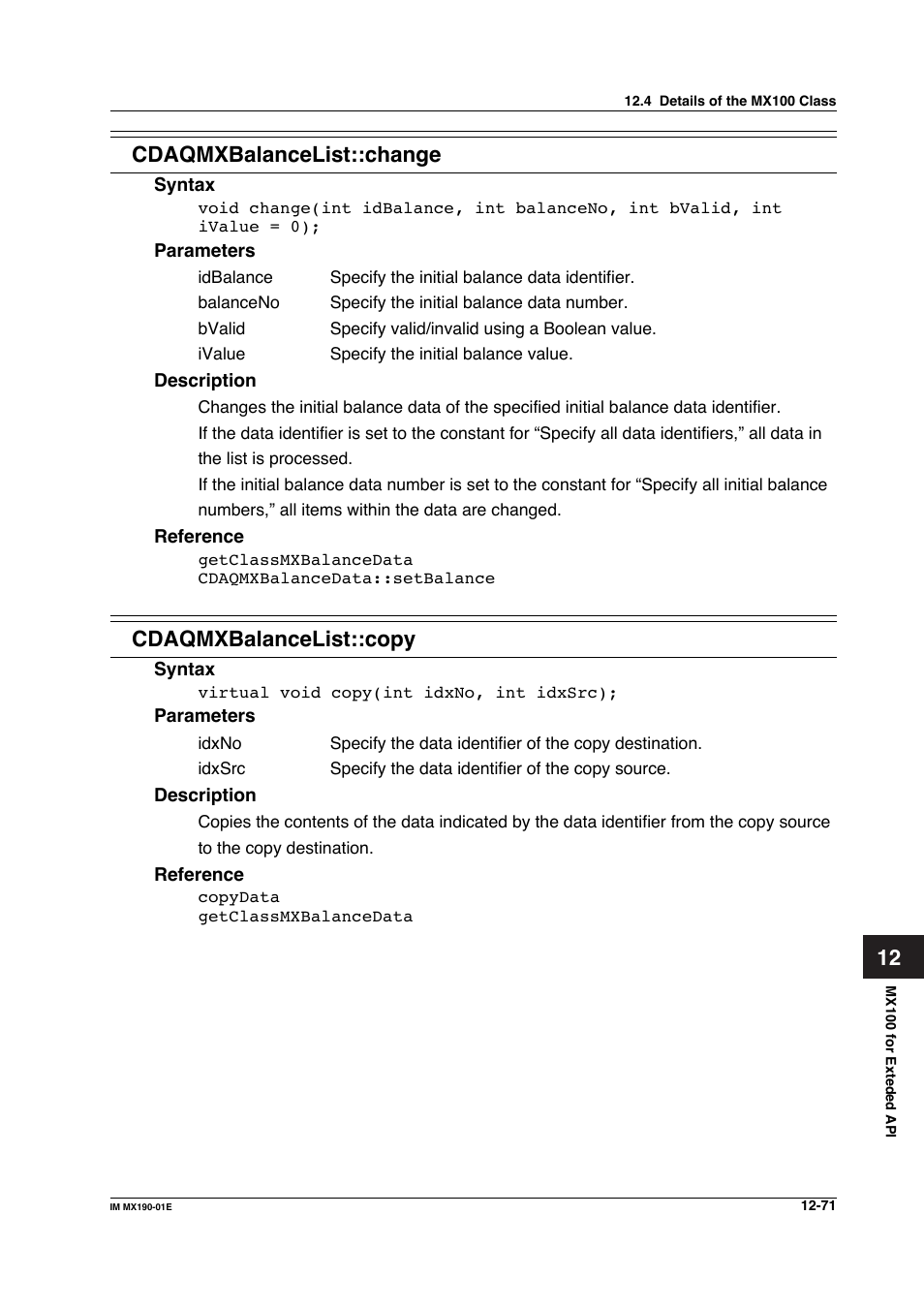 12 cdaqmxbalancelist::change, Cdaqmxbalancelist::copy | Yokogawa PC-Based MX100 User Manual | Page 635 / 1264