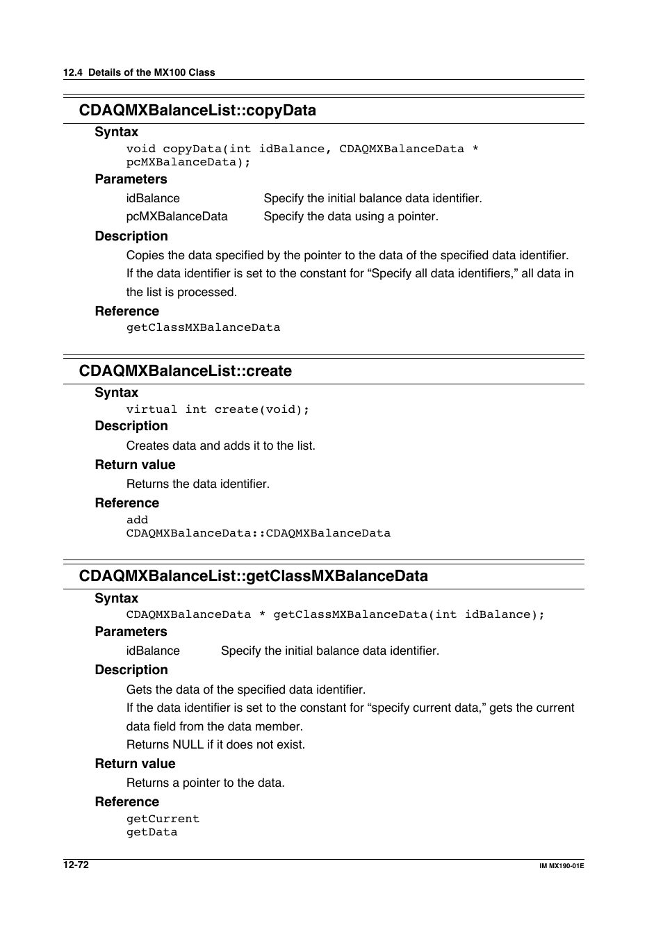 Cdaqmxbalancelist::copydata, Cdaqmxbalancelist::create, Cdaqmxbalancelist::getclassmxbalancedata | Yokogawa PC-Based MX100 User Manual | Page 636 / 1264