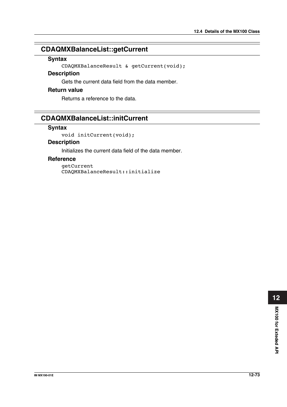 12 cdaqmxbalancelist::getcurrent, Cdaqmxbalancelist::initcurrent | Yokogawa PC-Based MX100 User Manual | Page 637 / 1264