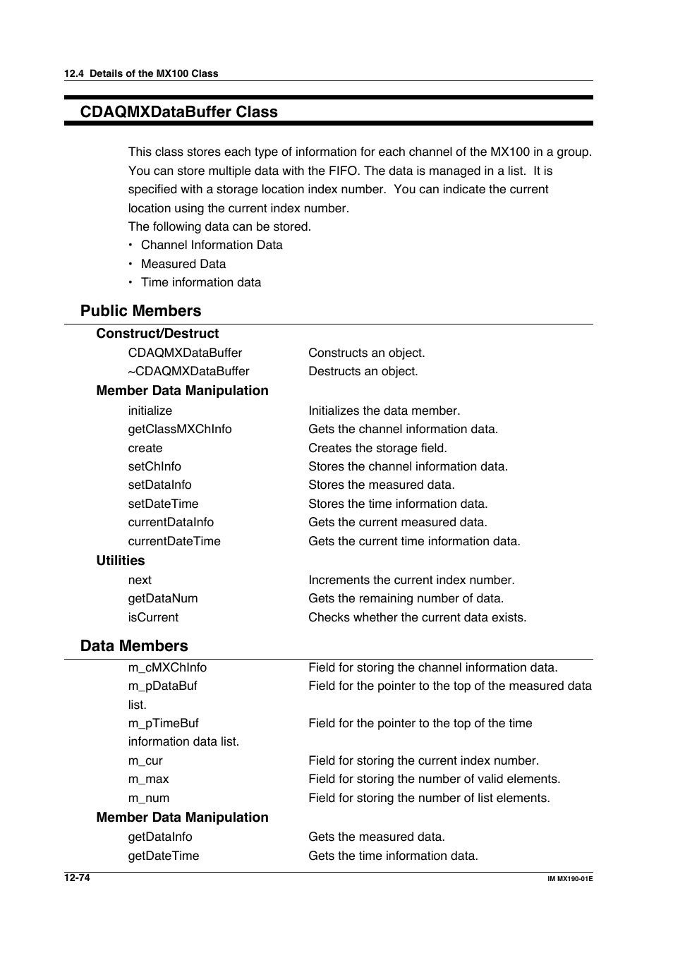 Cdaqmxdatabuffer class, Public members, Data members | Yokogawa PC-Based MX100 User Manual | Page 638 / 1264