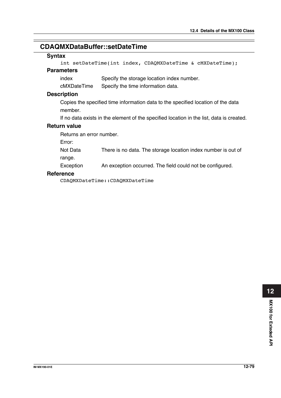 12 cdaqmxdatabuffer::setdatetime | Yokogawa PC-Based MX100 User Manual | Page 643 / 1264