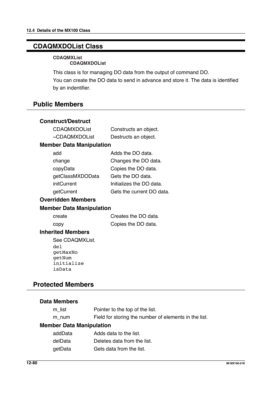 Cdaqmxdolist class, Public members, Protected members | Yokogawa PC-Based MX100 User Manual | Page 644 / 1264