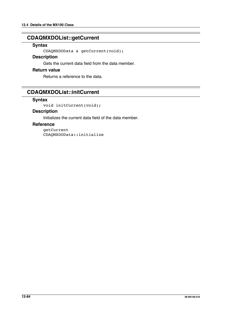 Cdaqmxdolist::getcurrent, Cdaqmxdolist::initcurrent | Yokogawa PC-Based MX100 User Manual | Page 648 / 1264