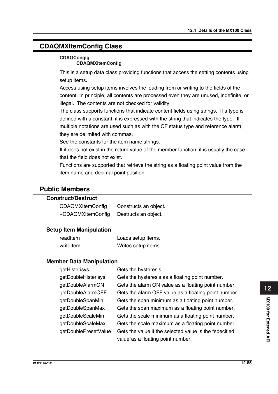 12 cdaqmxitemconfig class, Public members | Yokogawa PC-Based MX100 User Manual | Page 649 / 1264