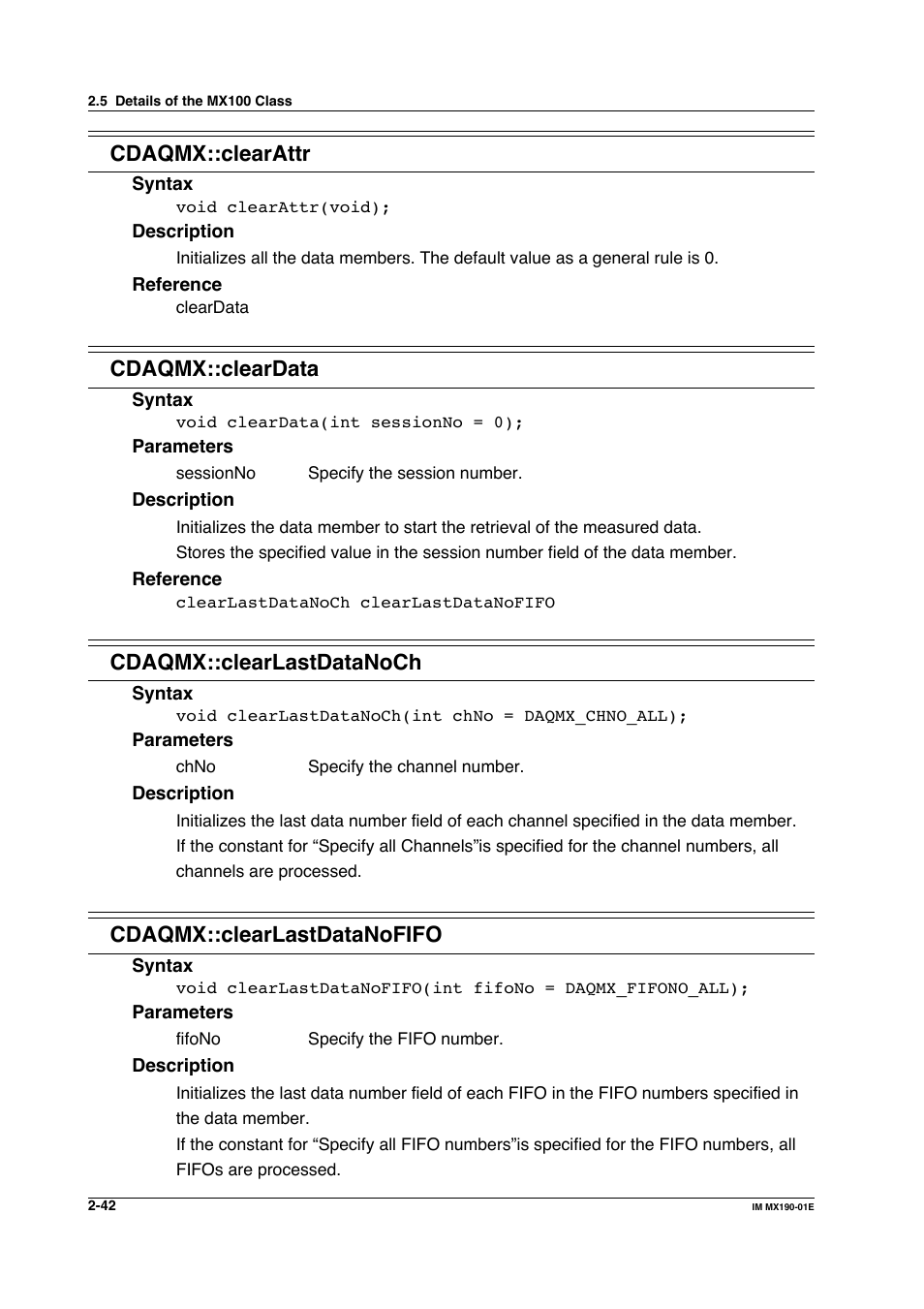 Cdaqmx::clearattr, Cdaqmx::cleardata, Cdaqmx::clearlastdatanoch | Cdaqmx::clearlastdatanofifo | Yokogawa PC-Based MX100 User Manual | Page 65 / 1264