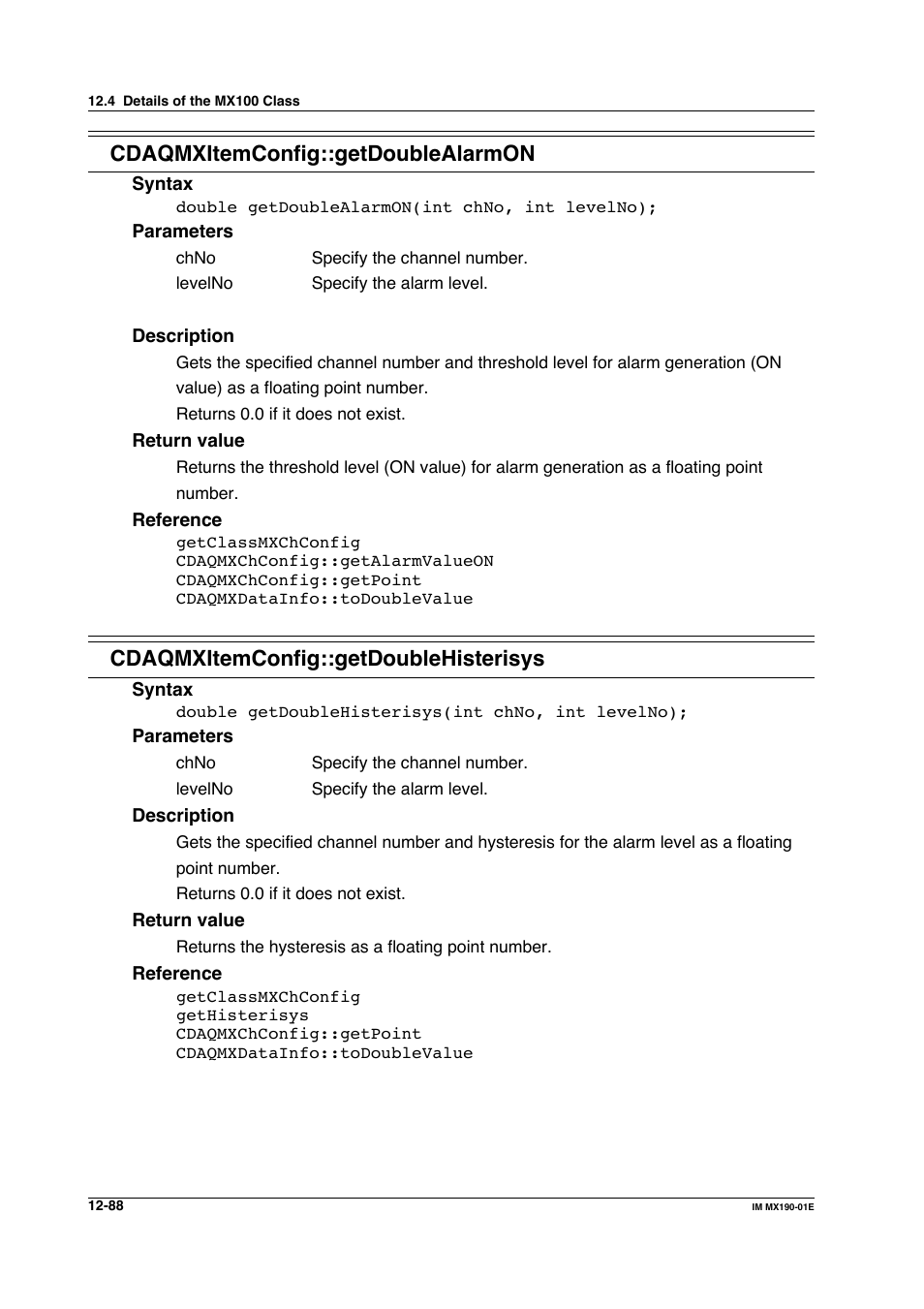 Cdaqmxitemconfig::getdoublealarmon, Cdaqmxitemconfig::getdoublehisterisys | Yokogawa PC-Based MX100 User Manual | Page 652 / 1264