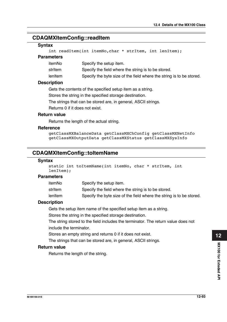 12 cdaqmxitemconfig::readitem, Cdaqmxitemconfig::toitemname | Yokogawa PC-Based MX100 User Manual | Page 657 / 1264