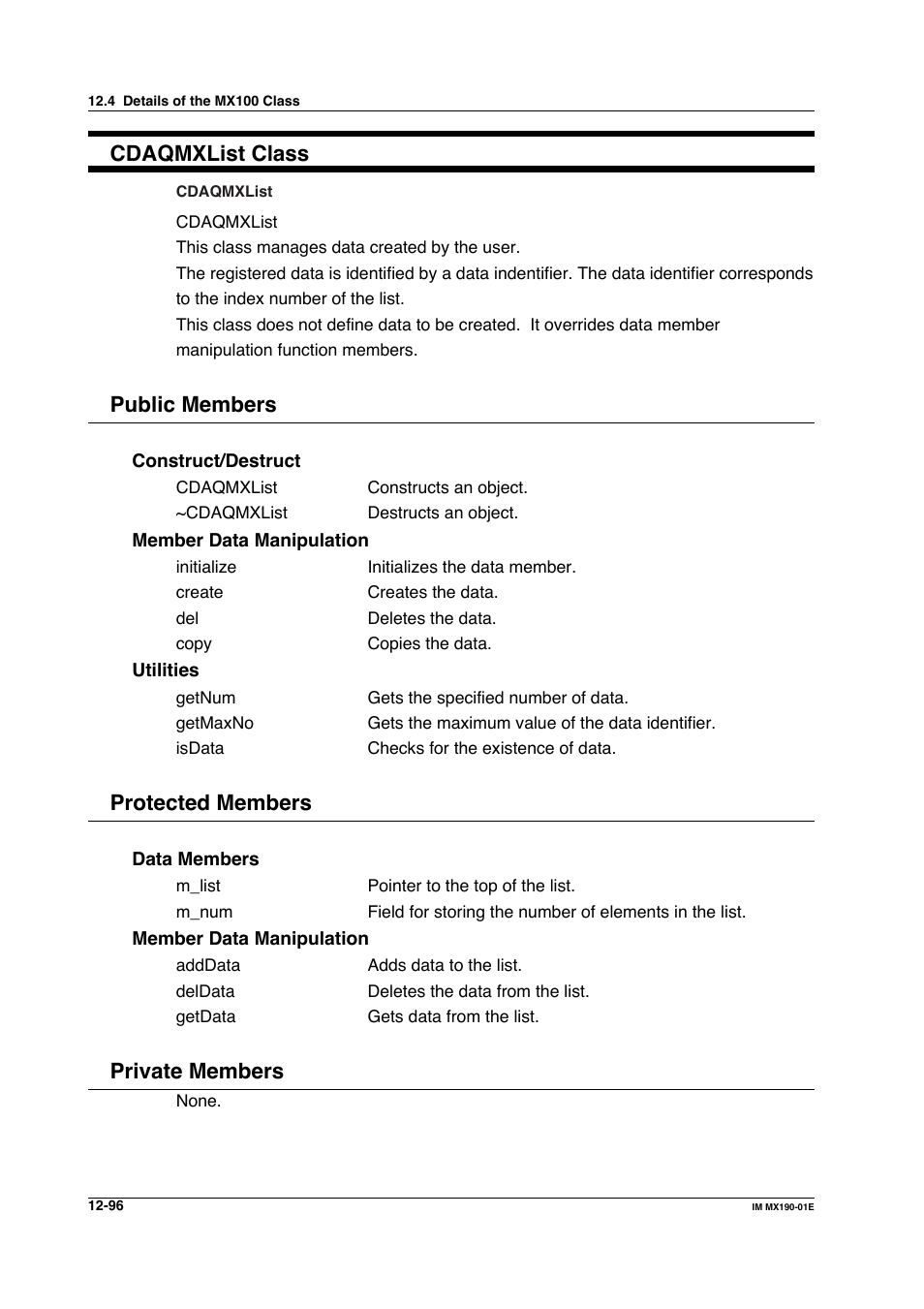 Cdaqmxlist class, Public members, Protected members | Private members | Yokogawa PC-Based MX100 User Manual | Page 660 / 1264