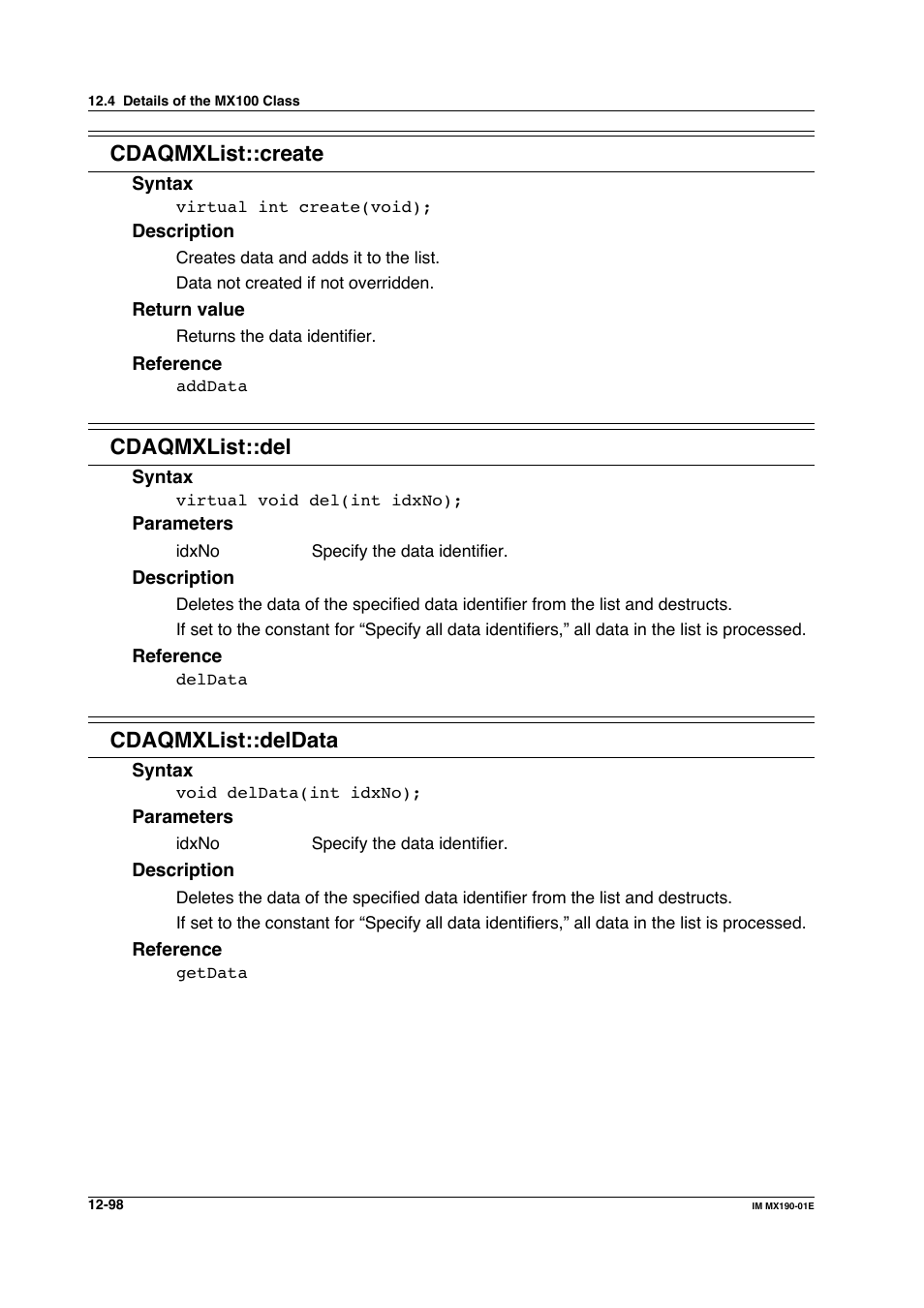 Cdaqmxlist::create, Cdaqmxlist::del, Cdaqmxlist::deldata | Yokogawa PC-Based MX100 User Manual | Page 662 / 1264