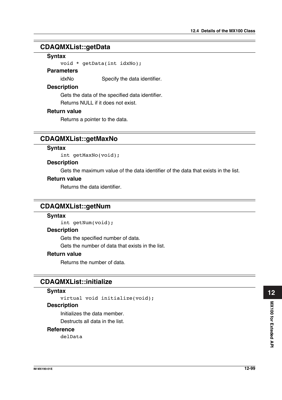 12 cdaqmxlist::getdata, Cdaqmxlist::getmaxno, Cdaqmxlist::getnum | Cdaqmxlist::initialize | Yokogawa PC-Based MX100 User Manual | Page 663 / 1264