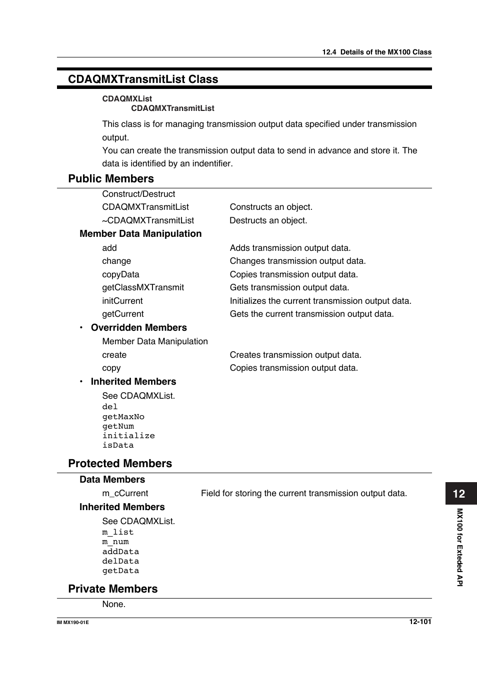 12 cdaqmxtransmitlist class, Public members, Protected members | Private members | Yokogawa PC-Based MX100 User Manual | Page 665 / 1264