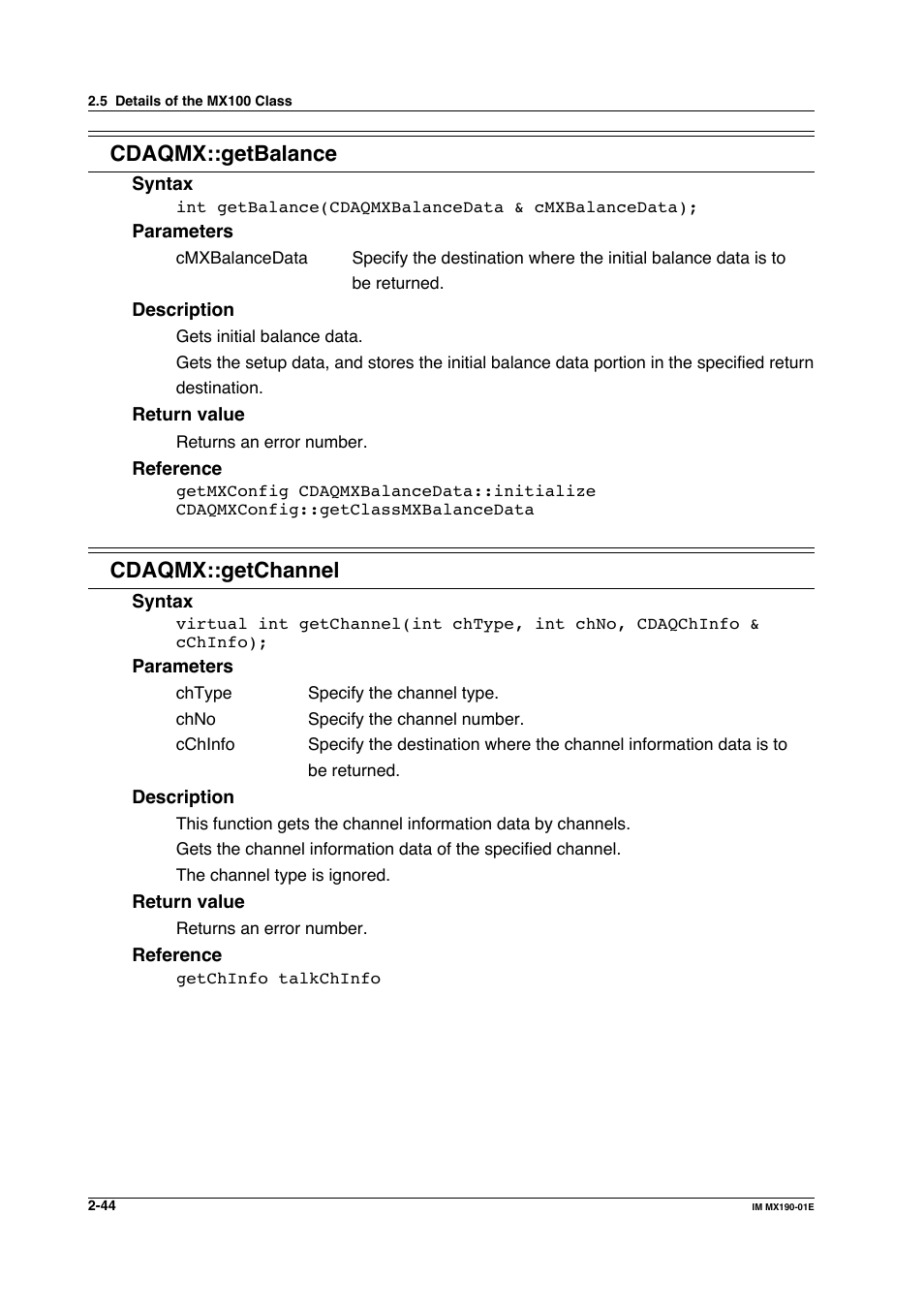 Cdaqmx::getbalance, Cdaqmx::getchannel | Yokogawa PC-Based MX100 User Manual | Page 67 / 1264