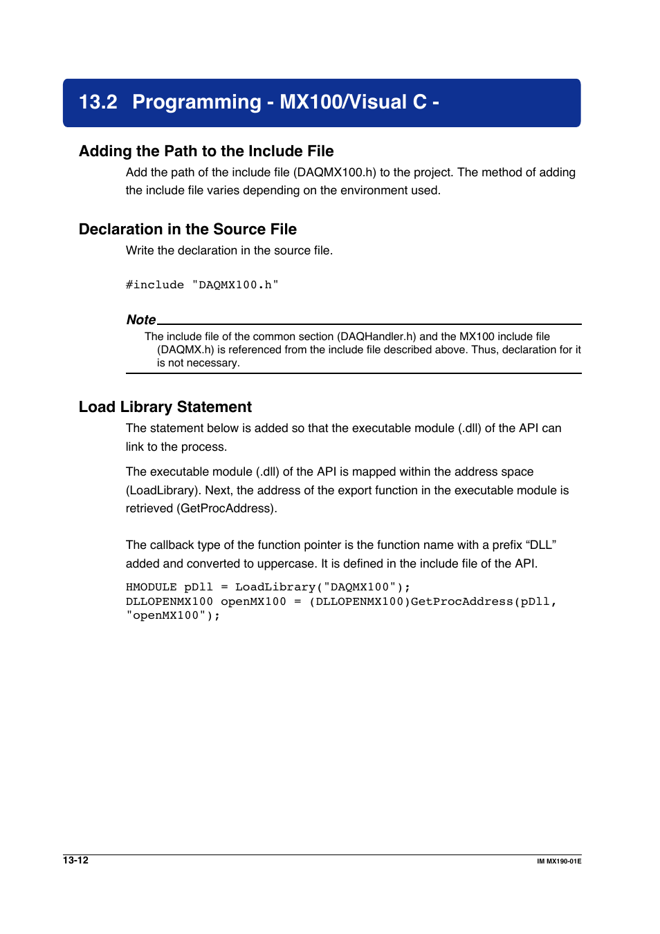 2 programming - mx100/visual c, Programming - mx100/visual c -12, Adding the path to the include file | Declaration in the source file, Load library statement | Yokogawa PC-Based MX100 User Manual | Page 681 / 1264