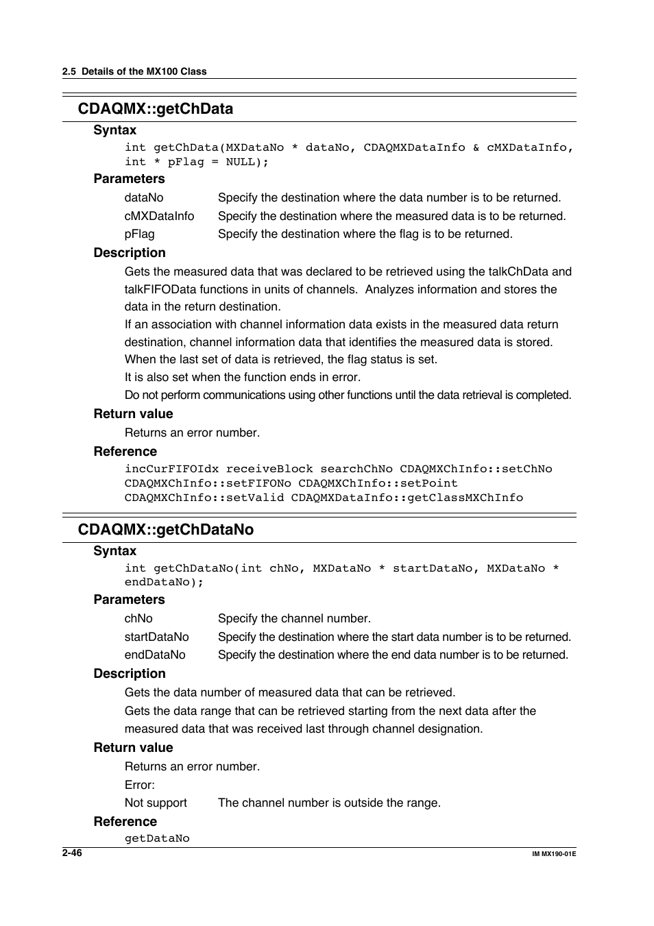 Cdaqmx::getchdata, Cdaqmx::getchdatano | Yokogawa PC-Based MX100 User Manual | Page 69 / 1264