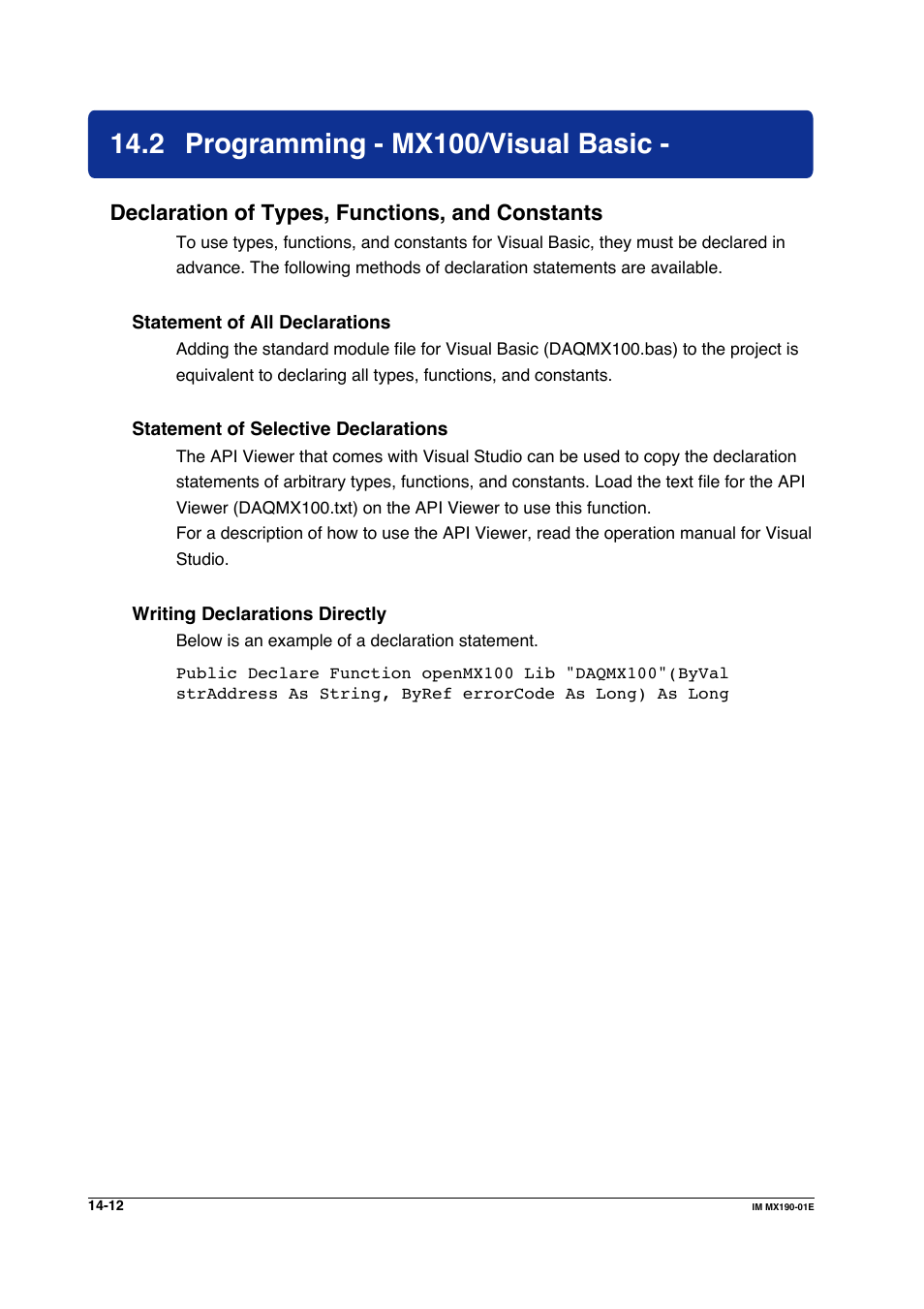 2 programming - mx100/visual basic, Programming - mx100/visual basic -12, Declaration of types, functions, and constants | Yokogawa PC-Based MX100 User Manual | Page 698 / 1264