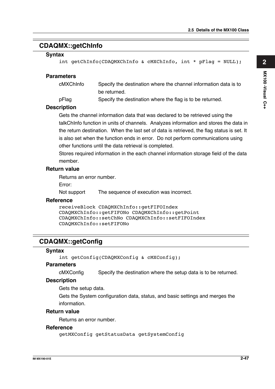 2cdaqmx::getchinfo, Cdaqmx::getconfig | Yokogawa PC-Based MX100 User Manual | Page 70 / 1264