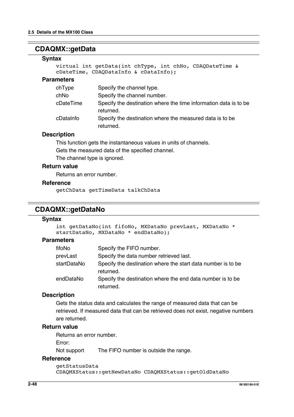 Cdaqmx::getdata, Cdaqmx::getdatano | Yokogawa PC-Based MX100 User Manual | Page 71 / 1264