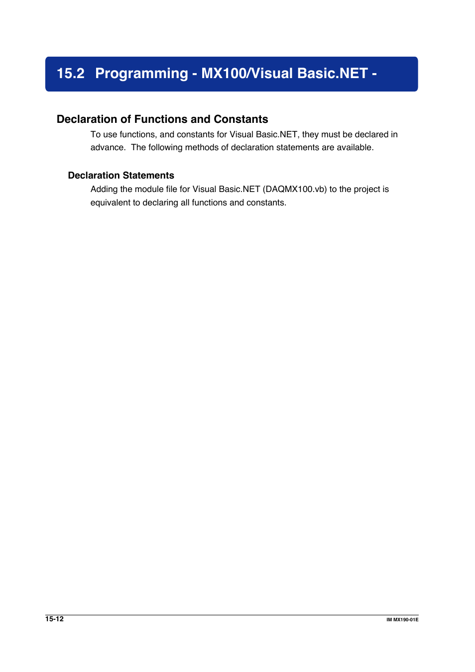 2 programming - mx100/visual basic.net, Programming - mx100/visual basic.net -12, Declaration of functions and constants | Yokogawa PC-Based MX100 User Manual | Page 714 / 1264