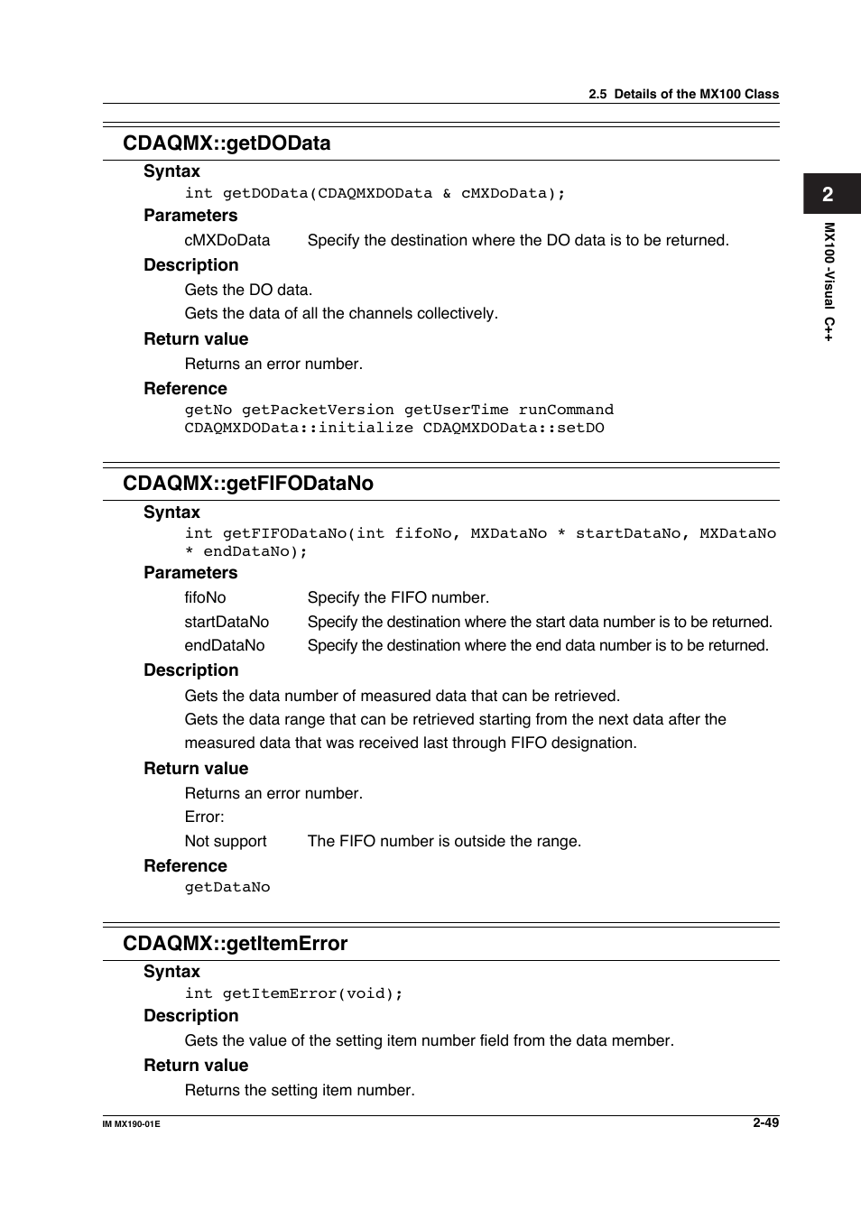 2cdaqmx::getdodata, Cdaqmx::getfifodatano, Cdaqmx::getitemerror | Yokogawa PC-Based MX100 User Manual | Page 72 / 1264