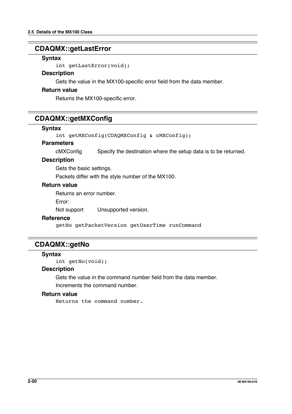 Cdaqmx::getlasterror, Cdaqmx::getmxconfig, Cdaqmx::getno | Yokogawa PC-Based MX100 User Manual | Page 73 / 1264