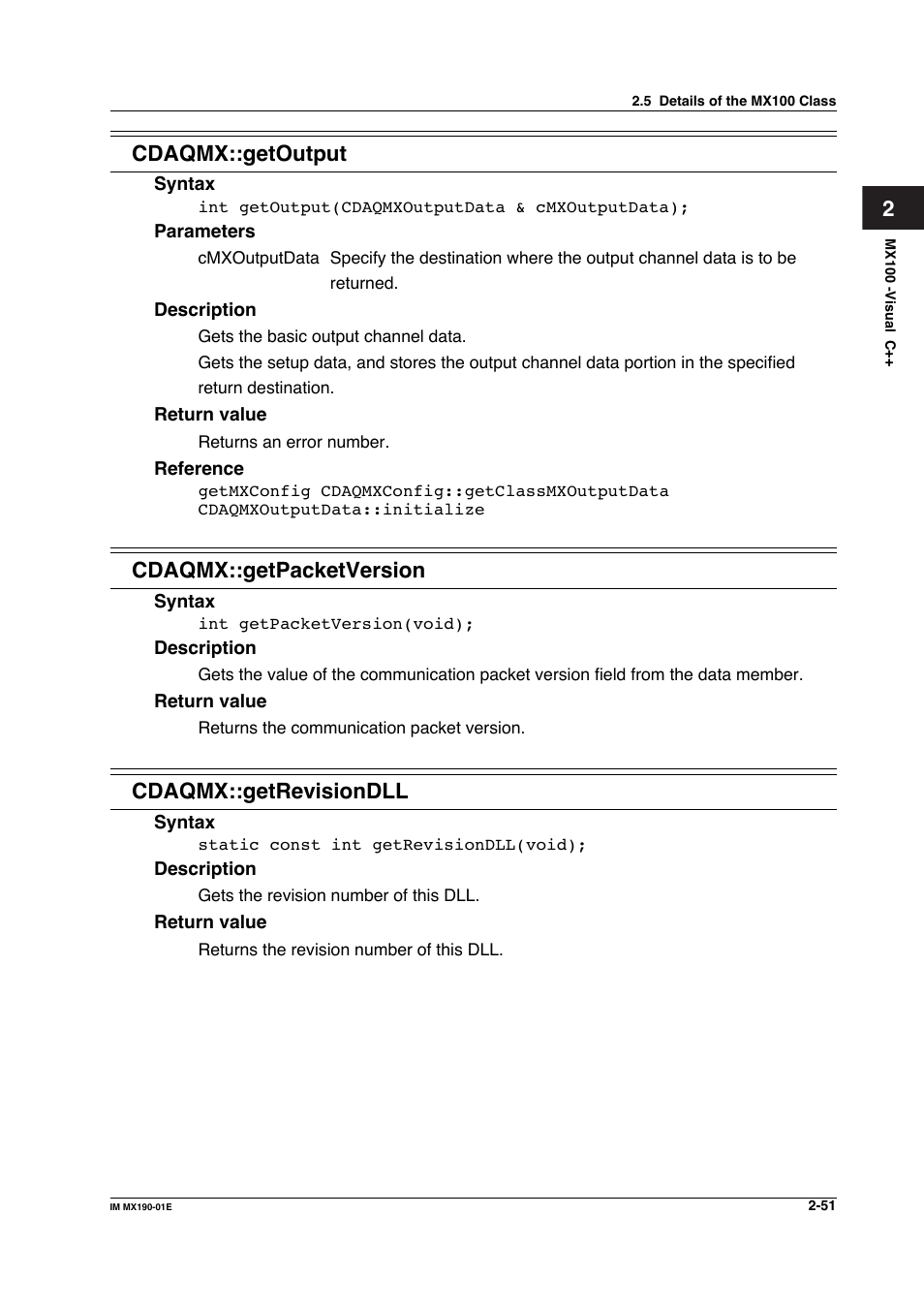 2cdaqmx::getoutput, Cdaqmx::getpacketversion, Cdaqmx::getrevisiondll | Yokogawa PC-Based MX100 User Manual | Page 74 / 1264