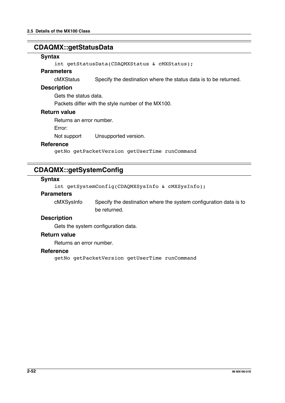 Cdaqmx::getstatusdata, Cdaqmx::getsystemconfig | Yokogawa PC-Based MX100 User Manual | Page 75 / 1264