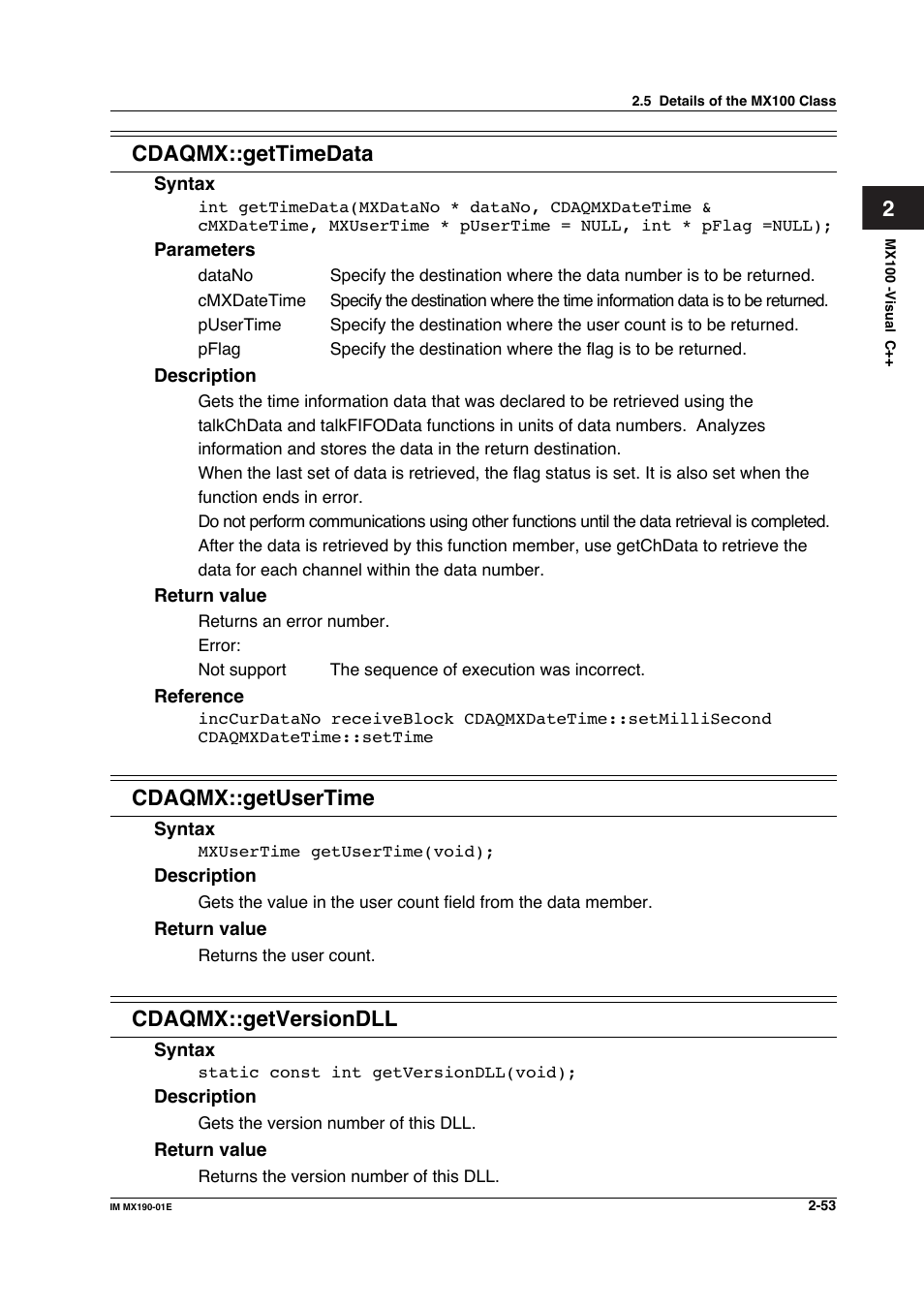 2cdaqmx::gettimedata, Cdaqmx::getusertime, Cdaqmx::getversiondll | Yokogawa PC-Based MX100 User Manual | Page 76 / 1264