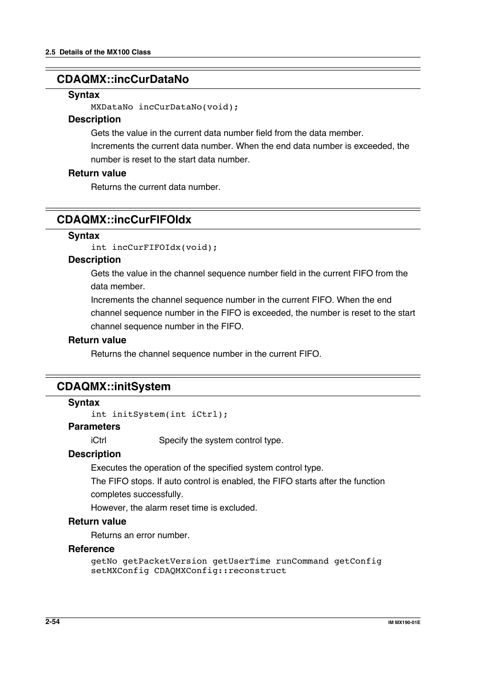 Cdaqmx::inccurdatano, Cdaqmx::inccurfifoidx, Cdaqmx::initsystem | Yokogawa PC-Based MX100 User Manual | Page 77 / 1264