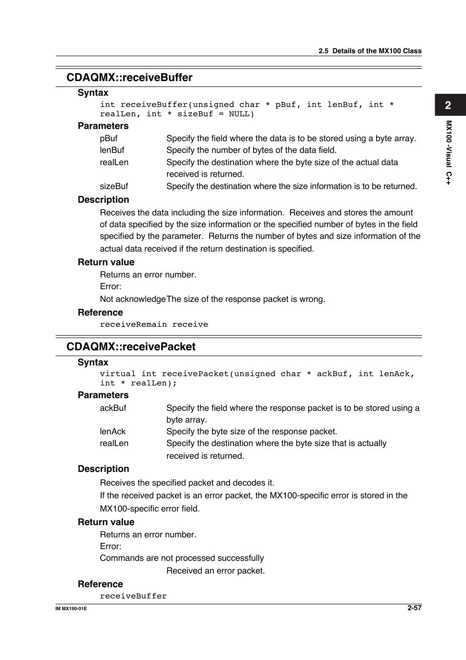 2cdaqmx::receivebuffer, Cdaqmx::receivepacket | Yokogawa PC-Based MX100 User Manual | Page 80 / 1264