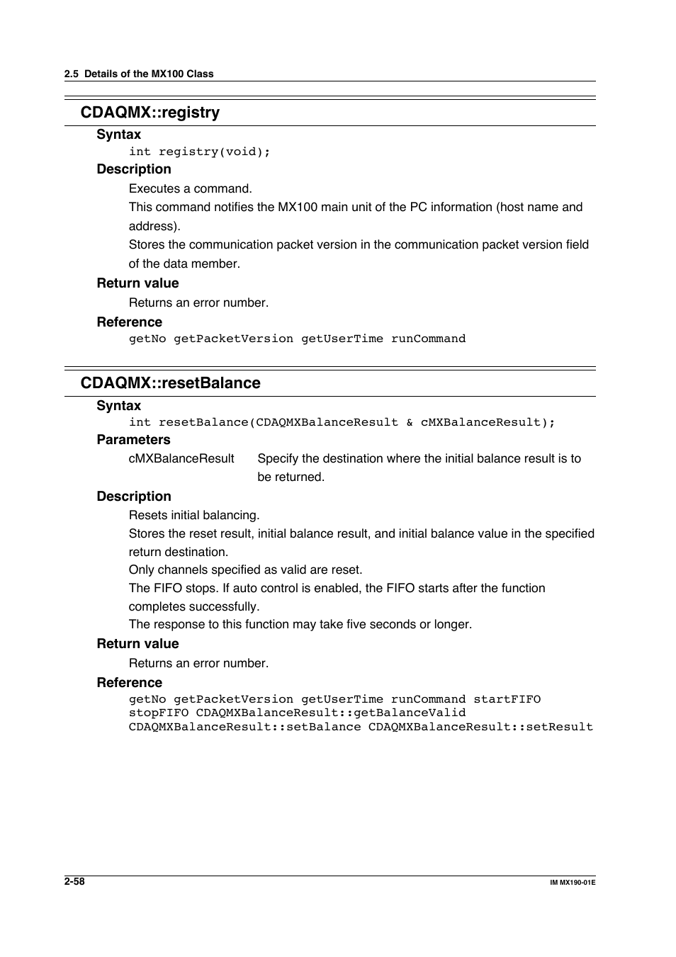 Cdaqmx::registry, Cdaqmx::resetbalance | Yokogawa PC-Based MX100 User Manual | Page 81 / 1264